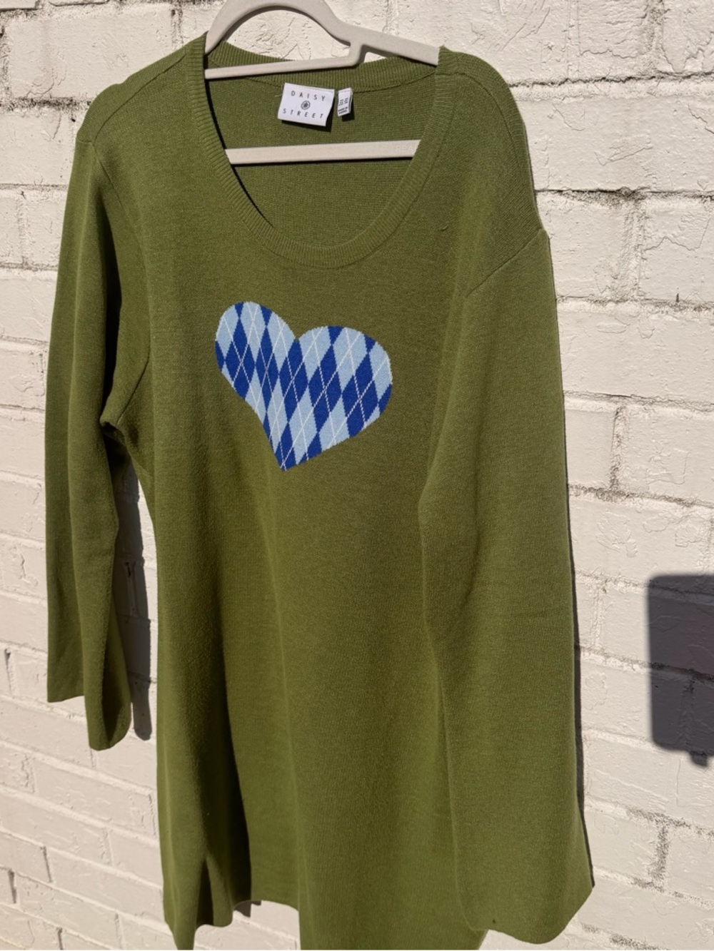 Daisy Street Olive Green Sweater Dress with Blue Argyle Heart